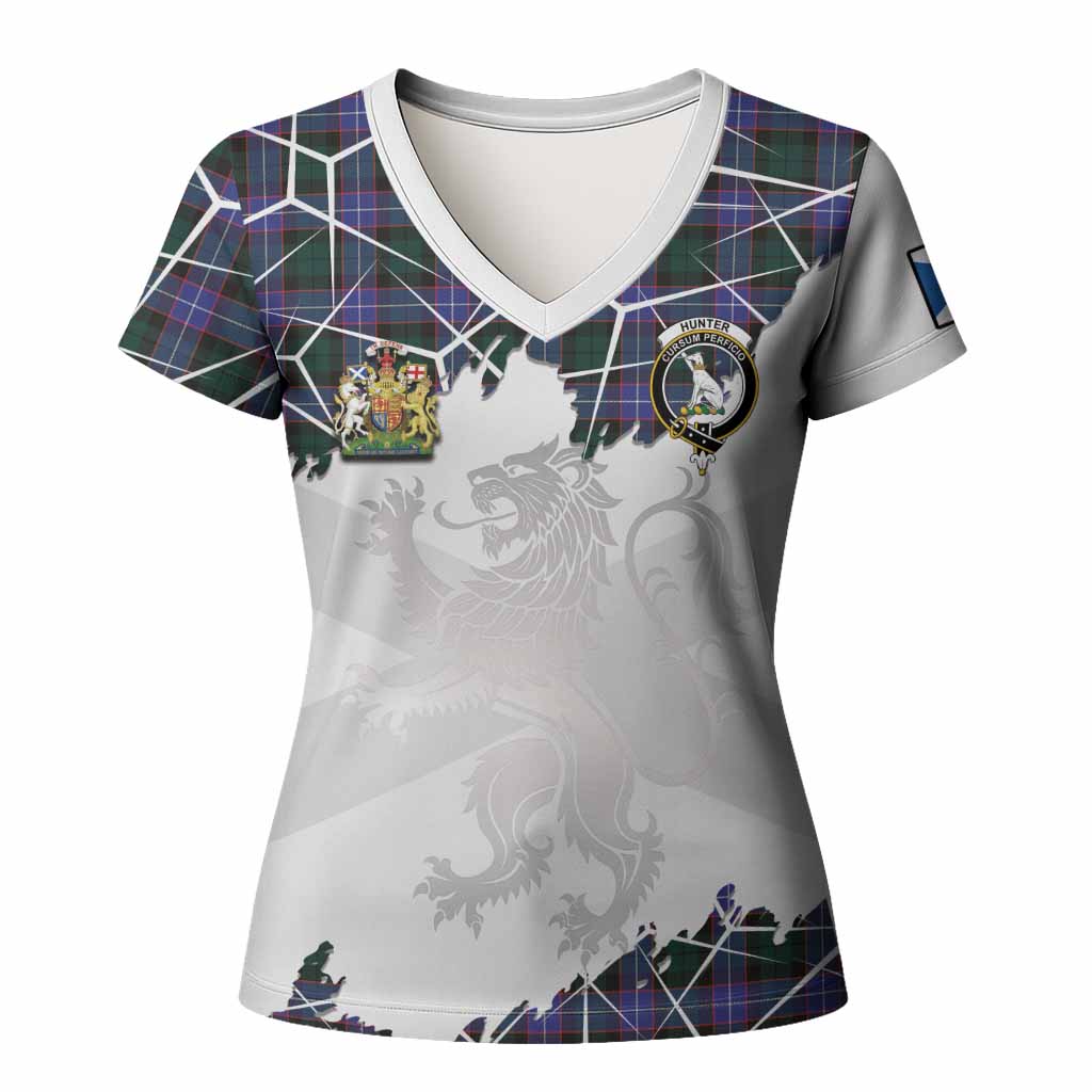 Hunter (Hunterston) Tartan Women T shirt with Family Crest and Lion Rampant Grunge Style