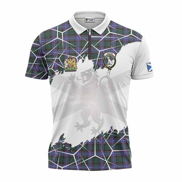 Hunter (Hunterston) Tartan Zipper Polo Shirt with Family Crest and Lion Rampant Grunge Style