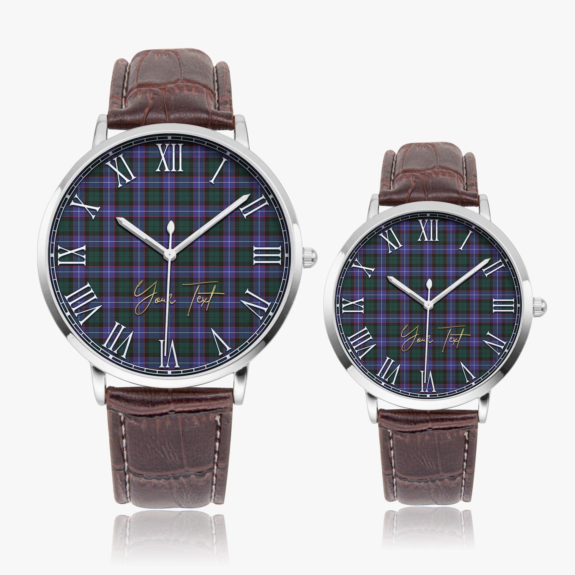 Hunter Modern Tartan Personalized Your Text Leather Trap Quartz Watch Ultra Thin Silver Case With Brown Leather Strap - Tartanvibesclothing