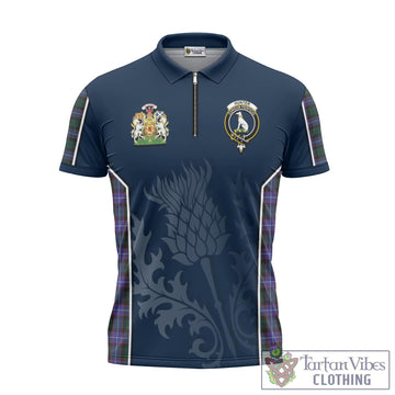 Hunter Modern Tartan Zipper Polo Shirt with Family Crest and Scottish Thistle Vibes Sport Style