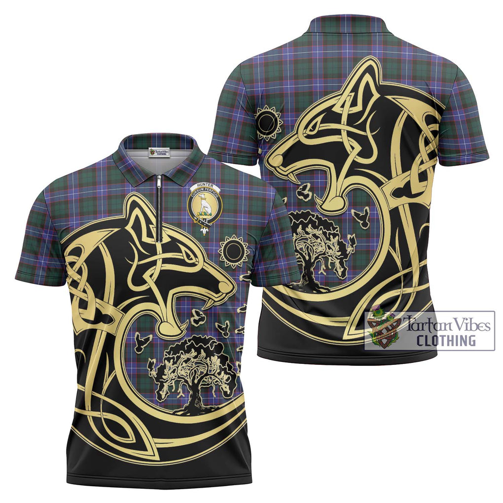 Hunter (Hunterston) Tartan Zipper Polo Shirt with Family Crest Celtic Wolf Style Unisex - Tartanvibesclothing Shop