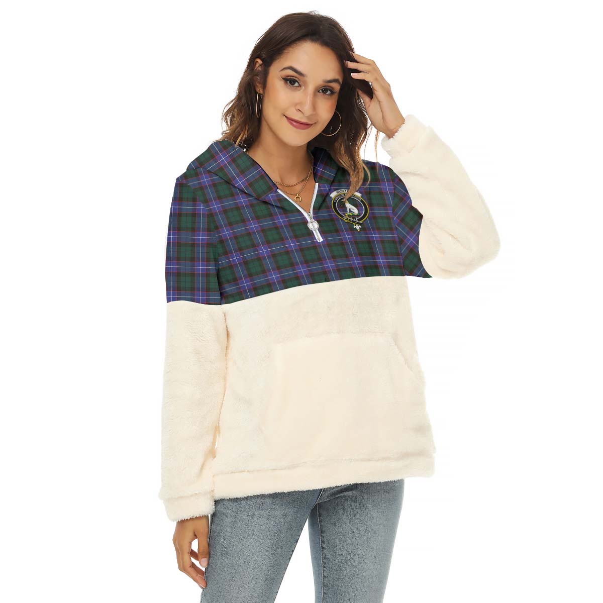 Hunter (Hunterston) Tartan Women's Borg Fleece Hoodie With Half Zip with Family Crest Female - Tartan Vibes Clothing