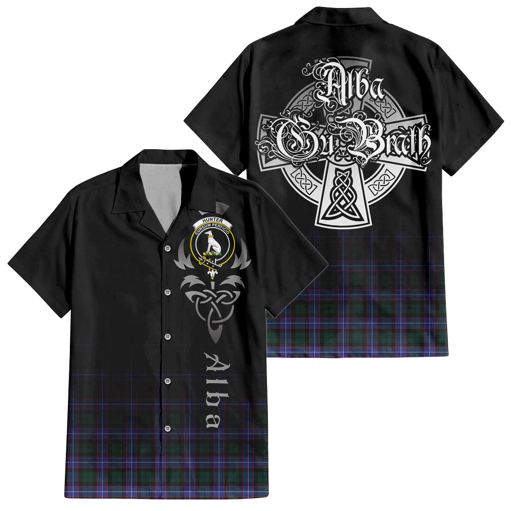 Tartan Vibes Clothing Hunter Modern Tartan Short Sleeve Button Up Featuring Alba Gu Brath Family Crest Celtic Inspired