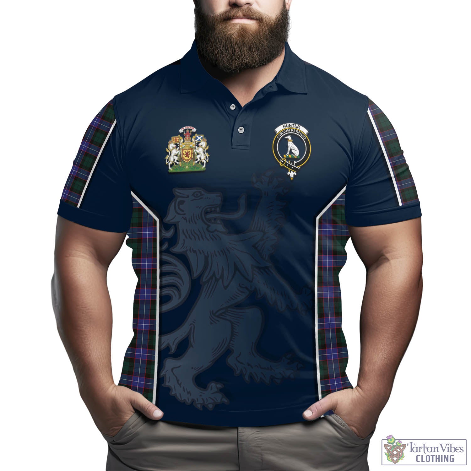 Tartan Vibes Clothing Hunter Modern Tartan Men's Polo Shirt with Family Crest and Lion Rampant Vibes Sport Style