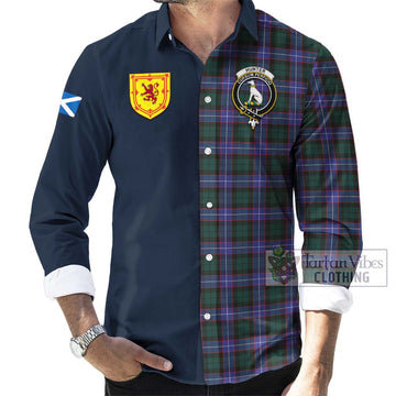 Hunter (Hunterston) Tartan Long Sleeve Button Shirt Alba with Scottish Lion Royal Arm Half Style