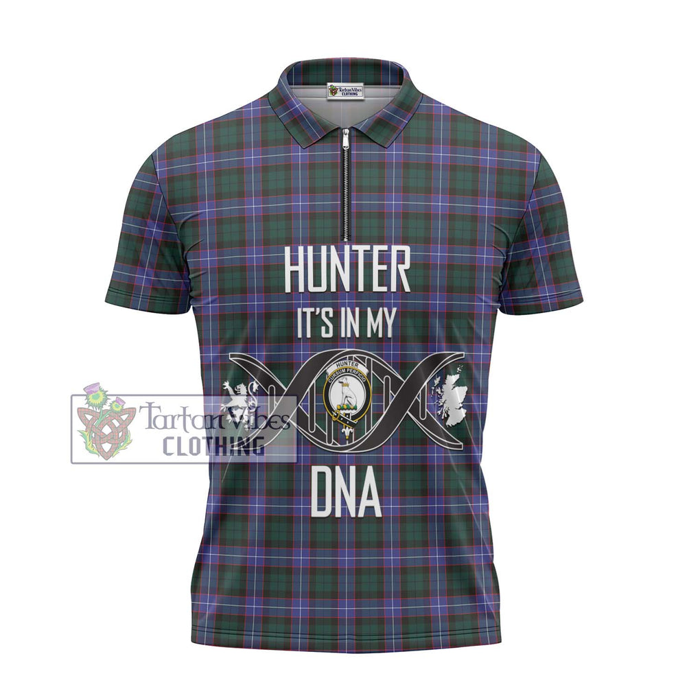 Hunter (Hunterston) Tartan Zipper Polo Shirt with Family Crest DNA In Me Style - Tartanvibesclothing Shop