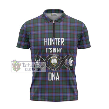 Hunter (Hunterston) Tartan Zipper Polo Shirt with Family Crest DNA In Me Style - Tartanvibesclothing Shop