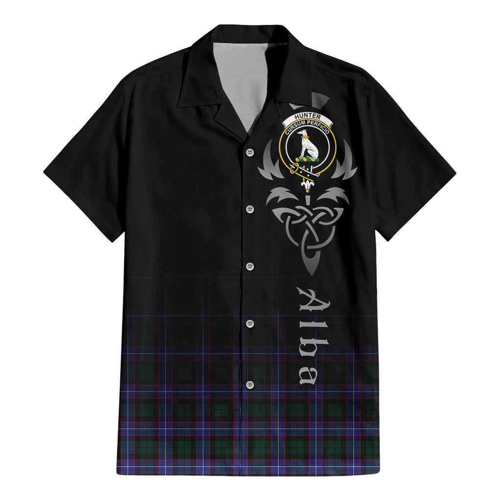 Tartan Vibes Clothing Hunter Modern Tartan Short Sleeve Button Up Featuring Alba Gu Brath Family Crest Celtic Inspired