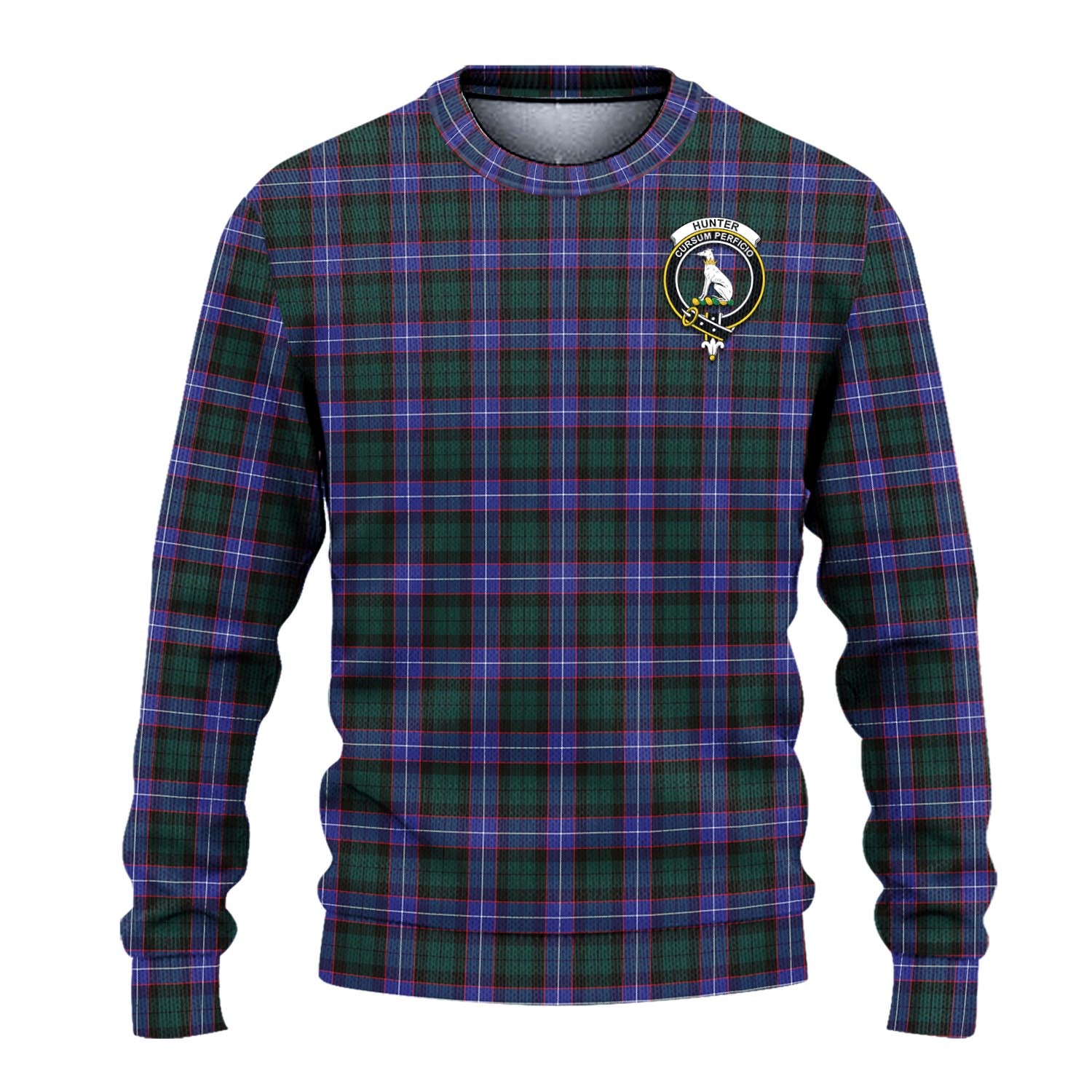 Hunter Modern Tartan Knitted Sweater with Family Crest - Tartanvibesclothing