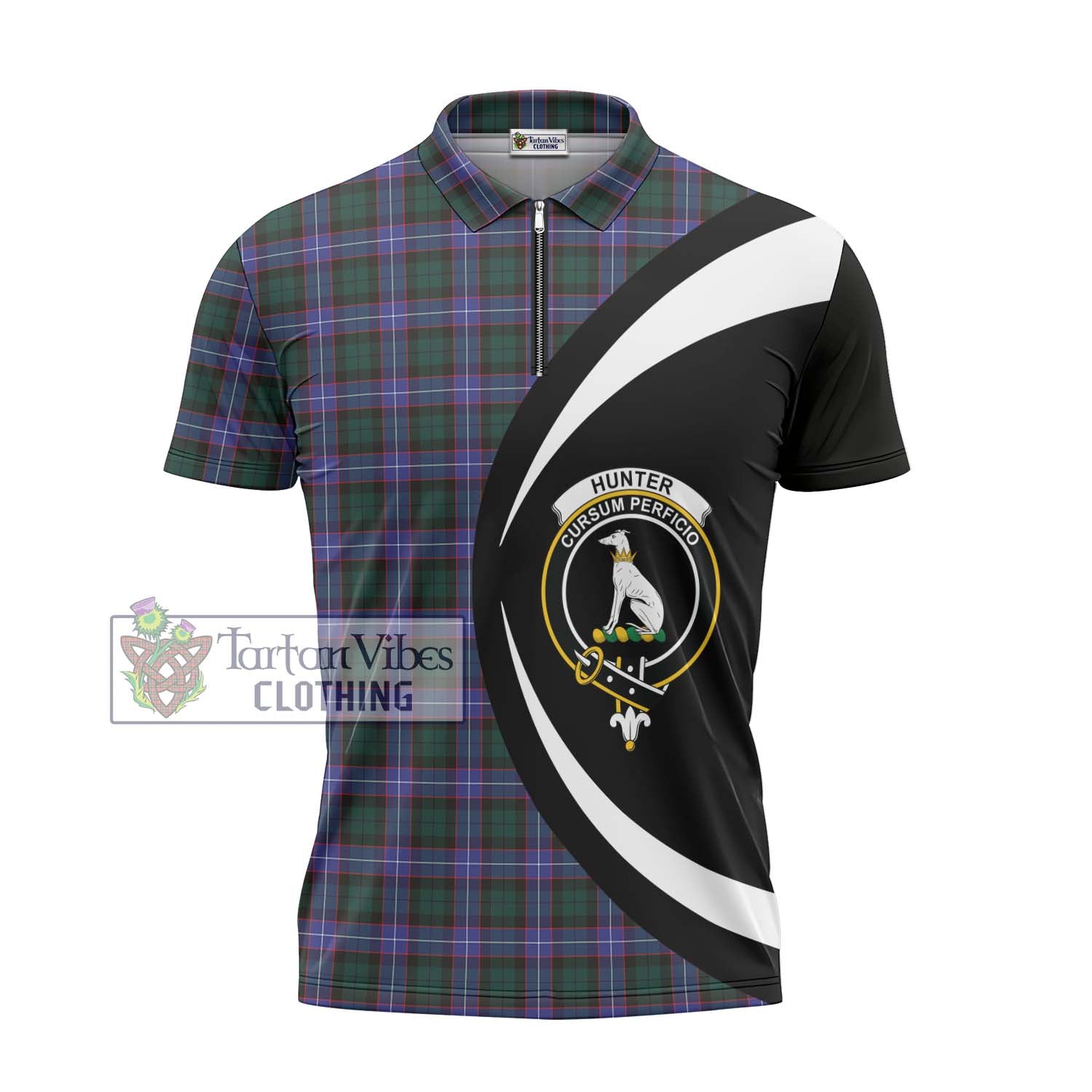 Tartan Vibes Clothing Hunter Modern Tartan Zipper Polo Shirt with Family Crest Circle Style