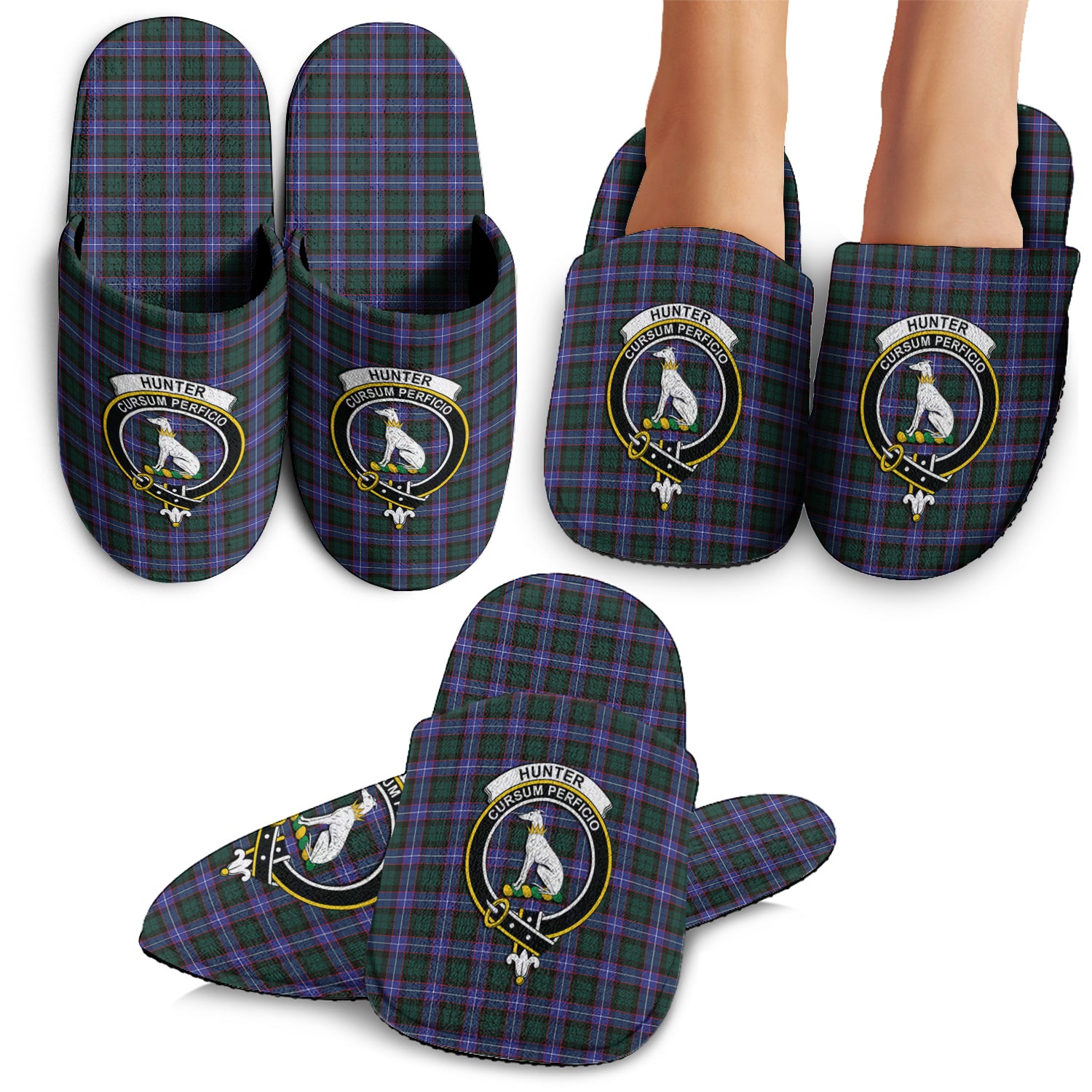 Hunter Modern Tartan Home Slippers with Family Crest - Tartanvibesclothing