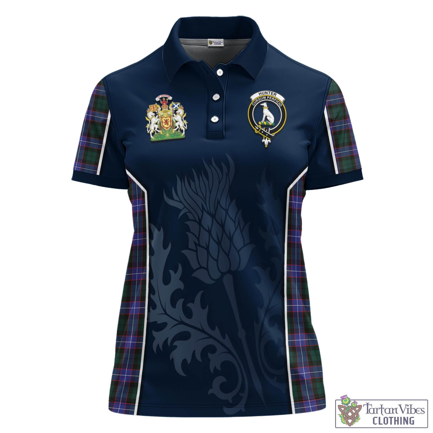 Tartan Vibes Clothing Hunter Modern Tartan Women's Polo Shirt with Family Crest and Scottish Thistle Vibes Sport Style