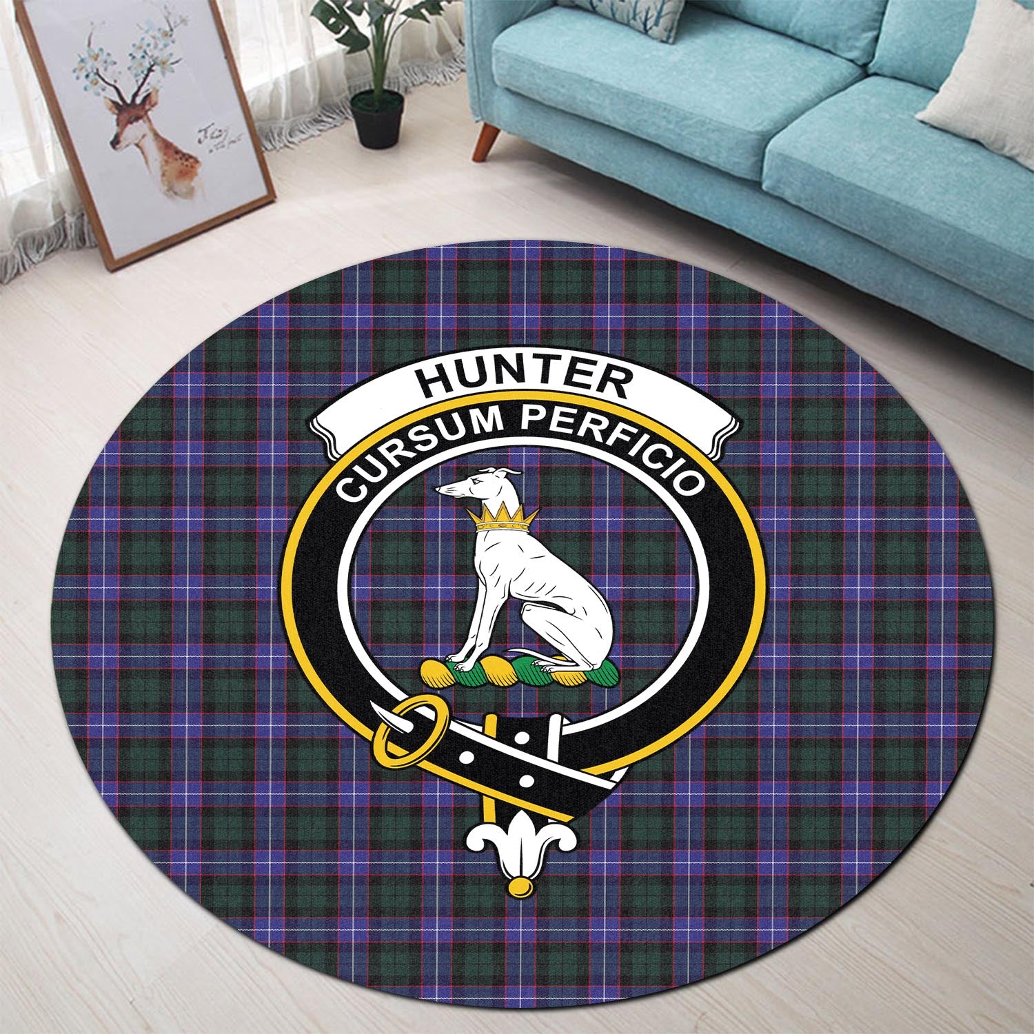 hunter-modern-tartan-round-rug-with-family-crest