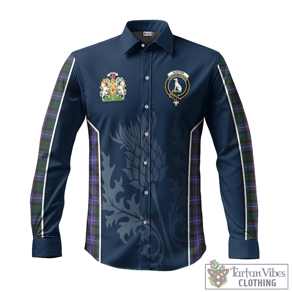 Tartan Vibes Clothing Hunter Modern Tartan Long Sleeve Button Up Shirt with Family Crest and Scottish Thistle Vibes Sport Style