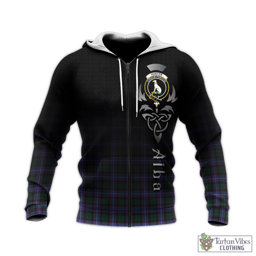 Tartan Vibes Clothing Hunter Modern Tartan Knitted Hoodie Featuring Alba Gu Brath Family Crest Celtic Inspired