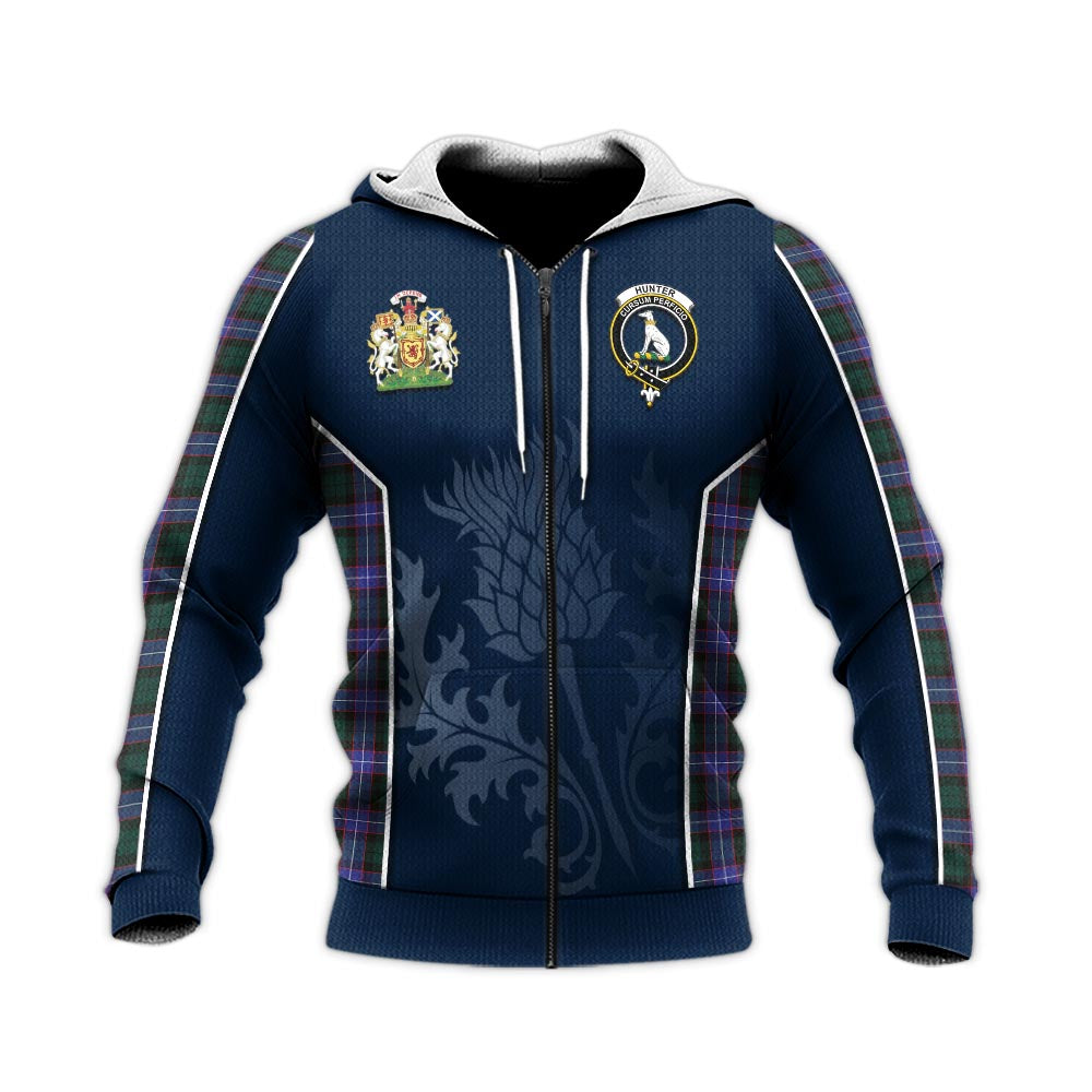 Tartan Vibes Clothing Hunter Modern Tartan Knitted Hoodie with Family Crest and Scottish Thistle Vibes Sport Style