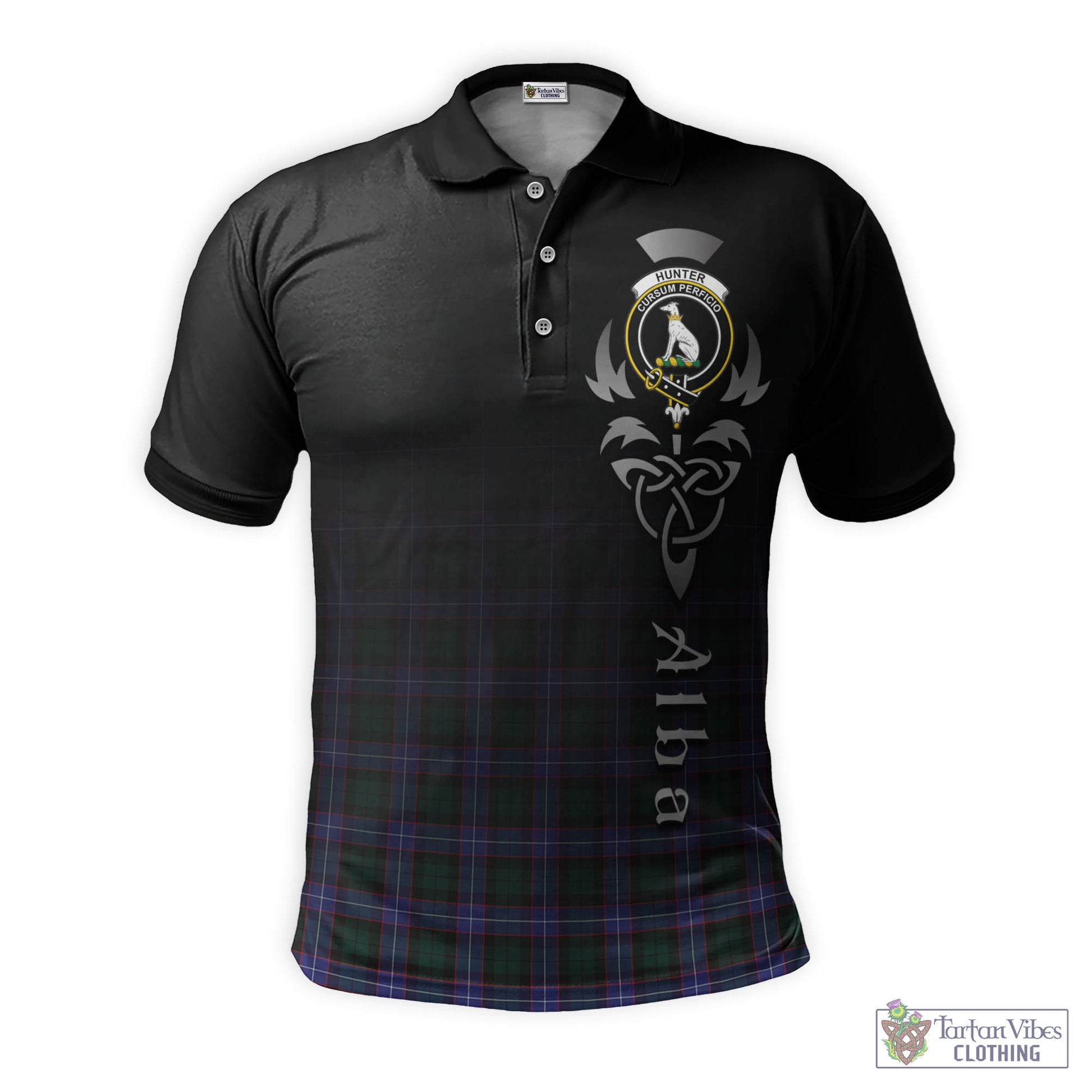 Tartan Vibes Clothing Hunter Modern Tartan Polo Shirt Featuring Alba Gu Brath Family Crest Celtic Inspired