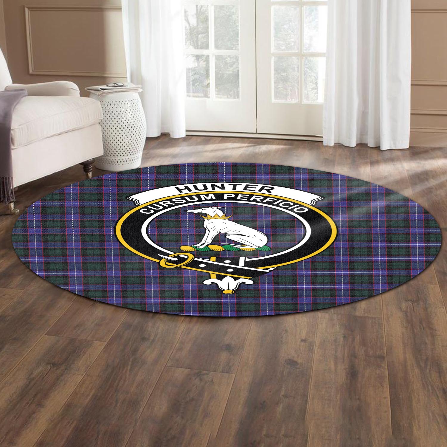 hunter-modern-tartan-round-rug-with-family-crest