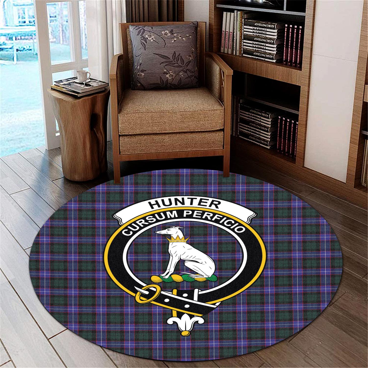 hunter-modern-tartan-round-rug-with-family-crest