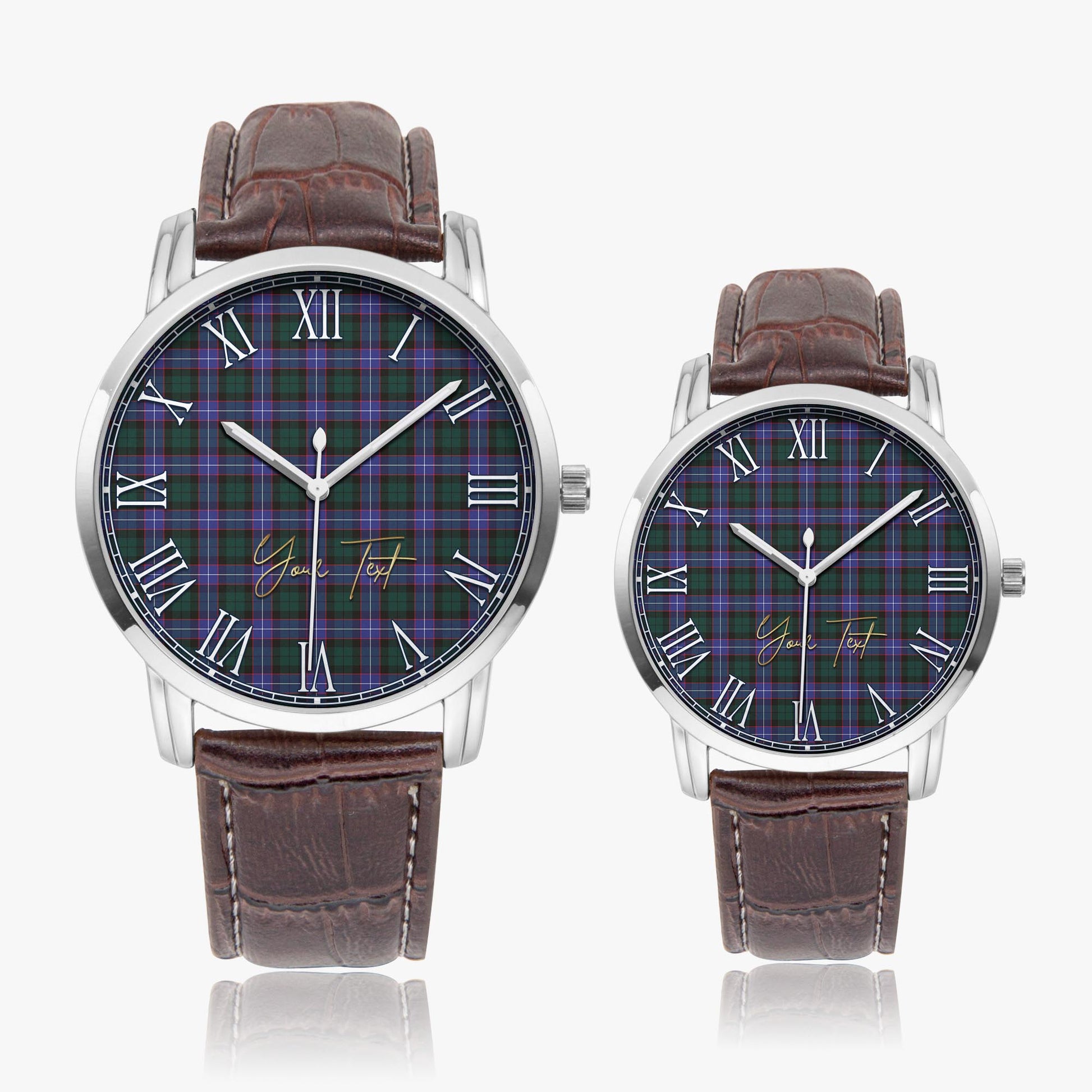 Hunter Modern Tartan Personalized Your Text Leather Trap Quartz Watch Wide Type Silver Case With Brown Leather Strap - Tartanvibesclothing