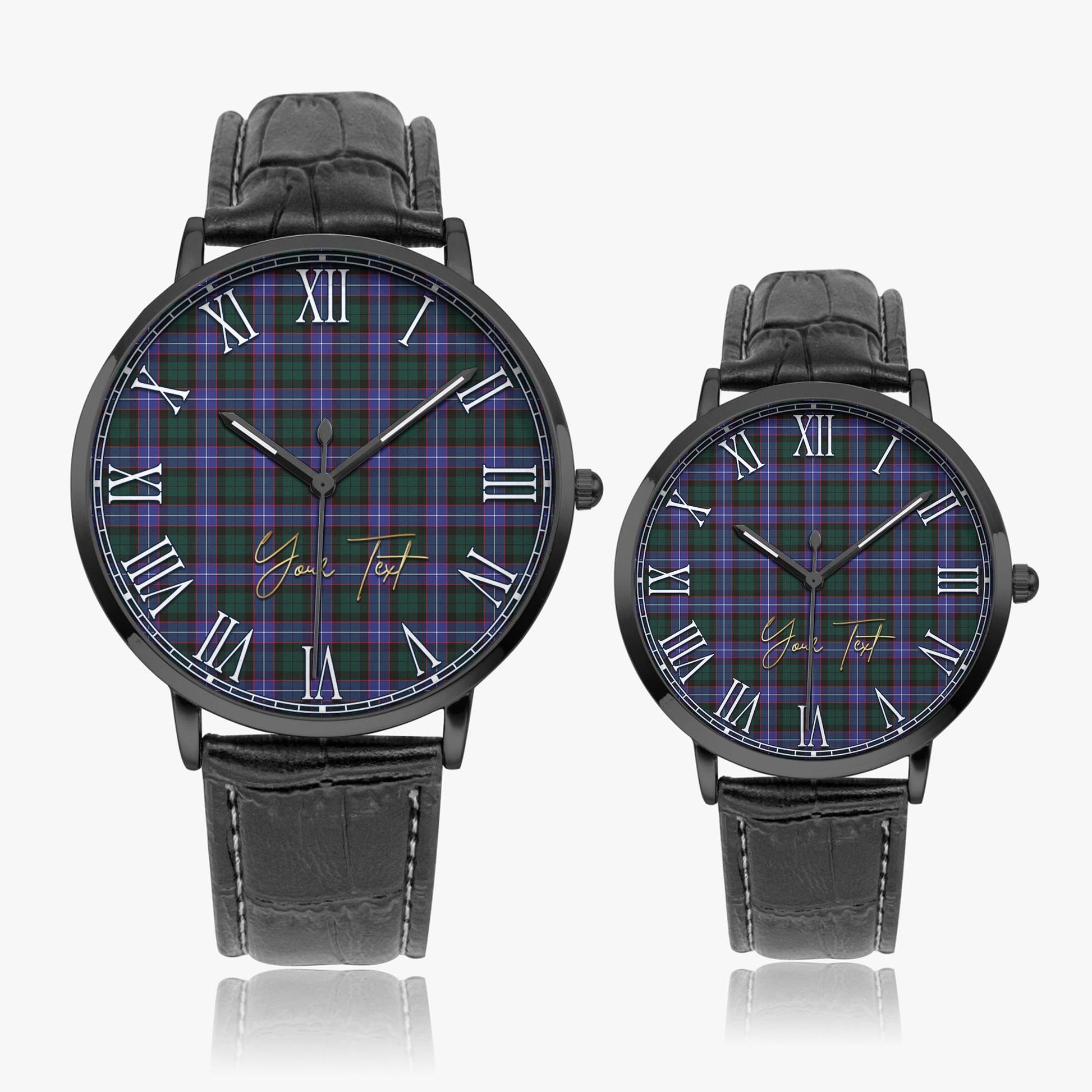Hunter Modern Tartan Personalized Your Text Leather Trap Quartz Watch Ultra Thin Black Case With Black Leather Strap - Tartanvibesclothing