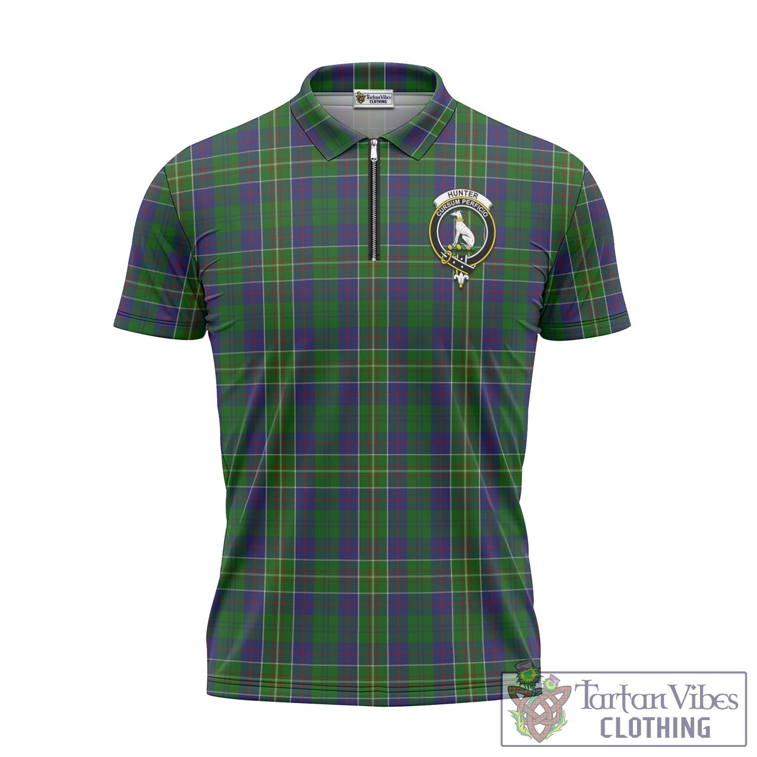 Tartan Vibes Clothing Hunter of Hunterston Tartan Zipper Polo Shirt with Family Crest