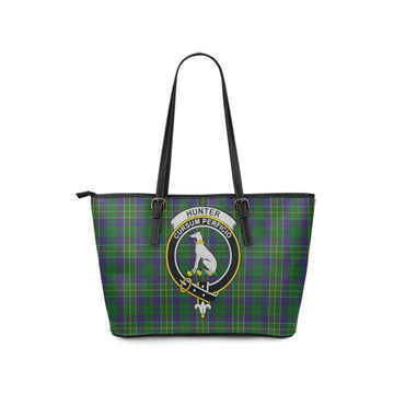 Hunter of Hunterston Tartan Leather Tote Bag with Family Crest
