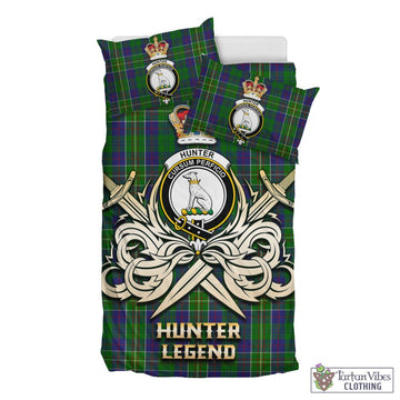 Hunter of Hunterston Tartan Bedding Set with Clan Crest and the Golden Sword of Courageous Legacy