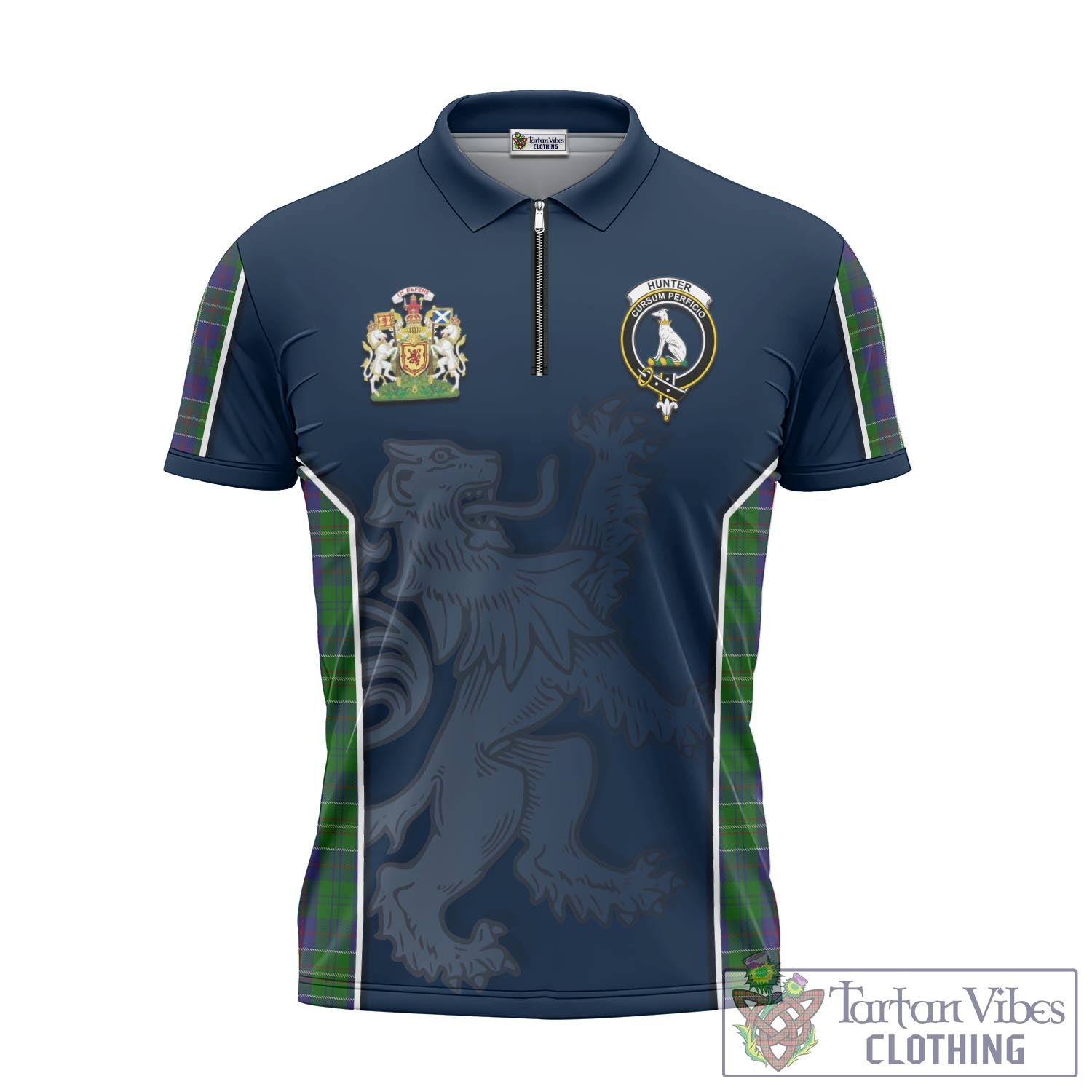 Tartan Vibes Clothing Hunter of Hunterston Tartan Zipper Polo Shirt with Family Crest and Lion Rampant Vibes Sport Style