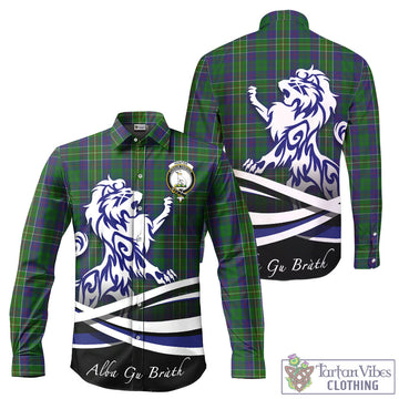 Hunter of Hunterston Tartan Long Sleeve Button Up Shirt with Alba Gu Brath Regal Lion Emblem