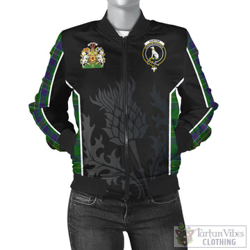 Hunter of Hunterston Tartan Bomber Jacket with Family Crest and Scottish Thistle Vibes Sport Style