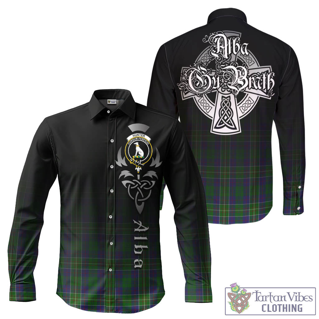 Tartan Vibes Clothing Hunter of Hunterston Tartan Long Sleeve Button Up Featuring Alba Gu Brath Family Crest Celtic Inspired