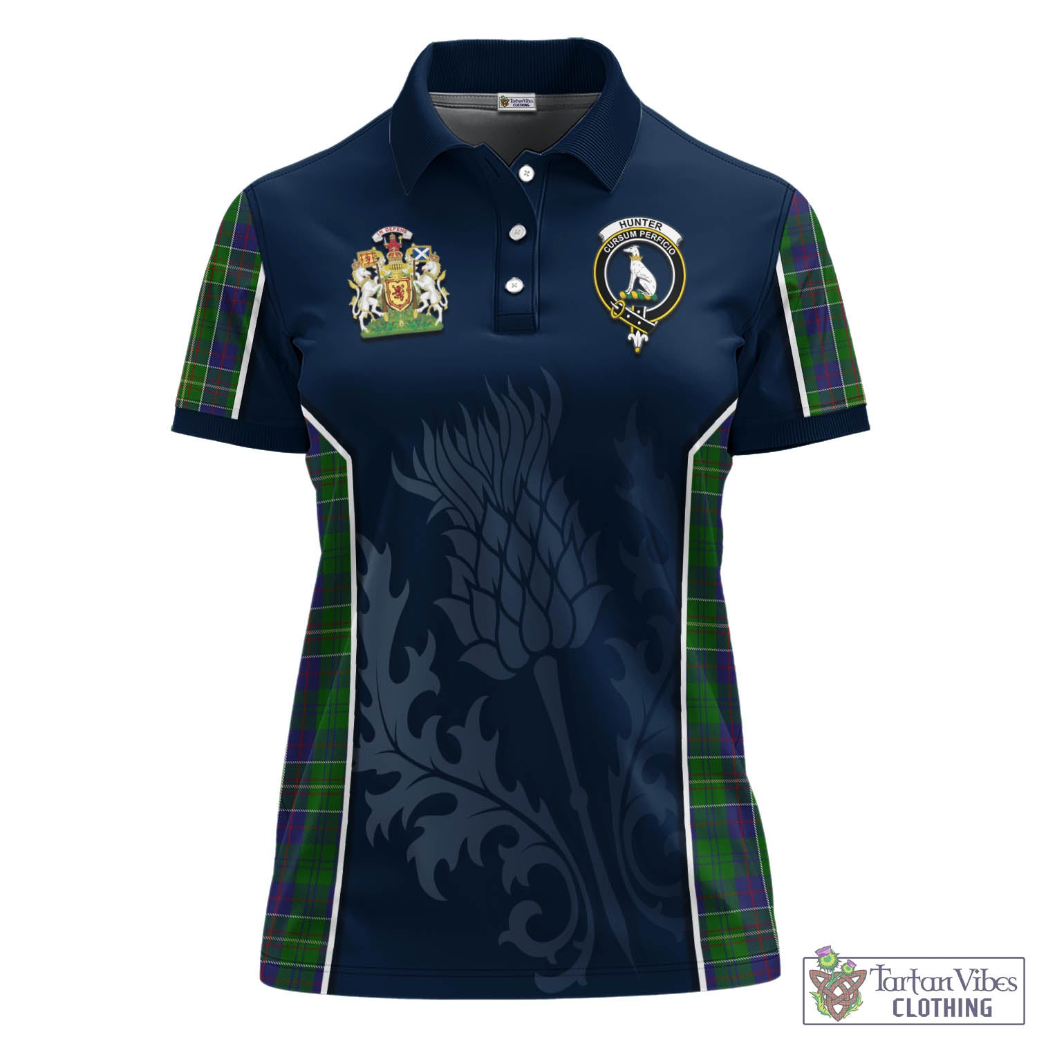 Tartan Vibes Clothing Hunter of Hunterston Tartan Women's Polo Shirt with Family Crest and Scottish Thistle Vibes Sport Style