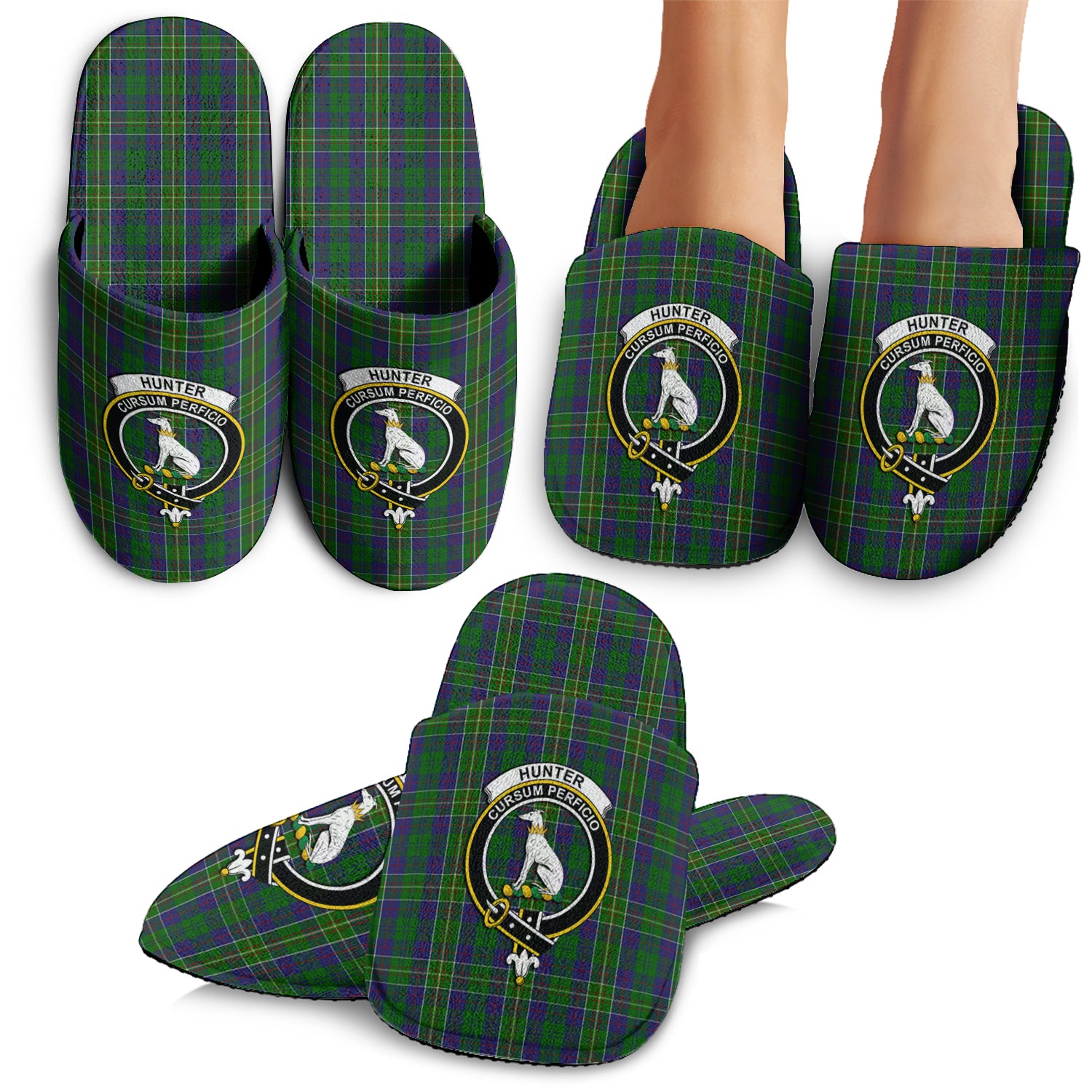 Hunter of Hunterston Tartan Home Slippers with Family Crest - Tartanvibesclothing