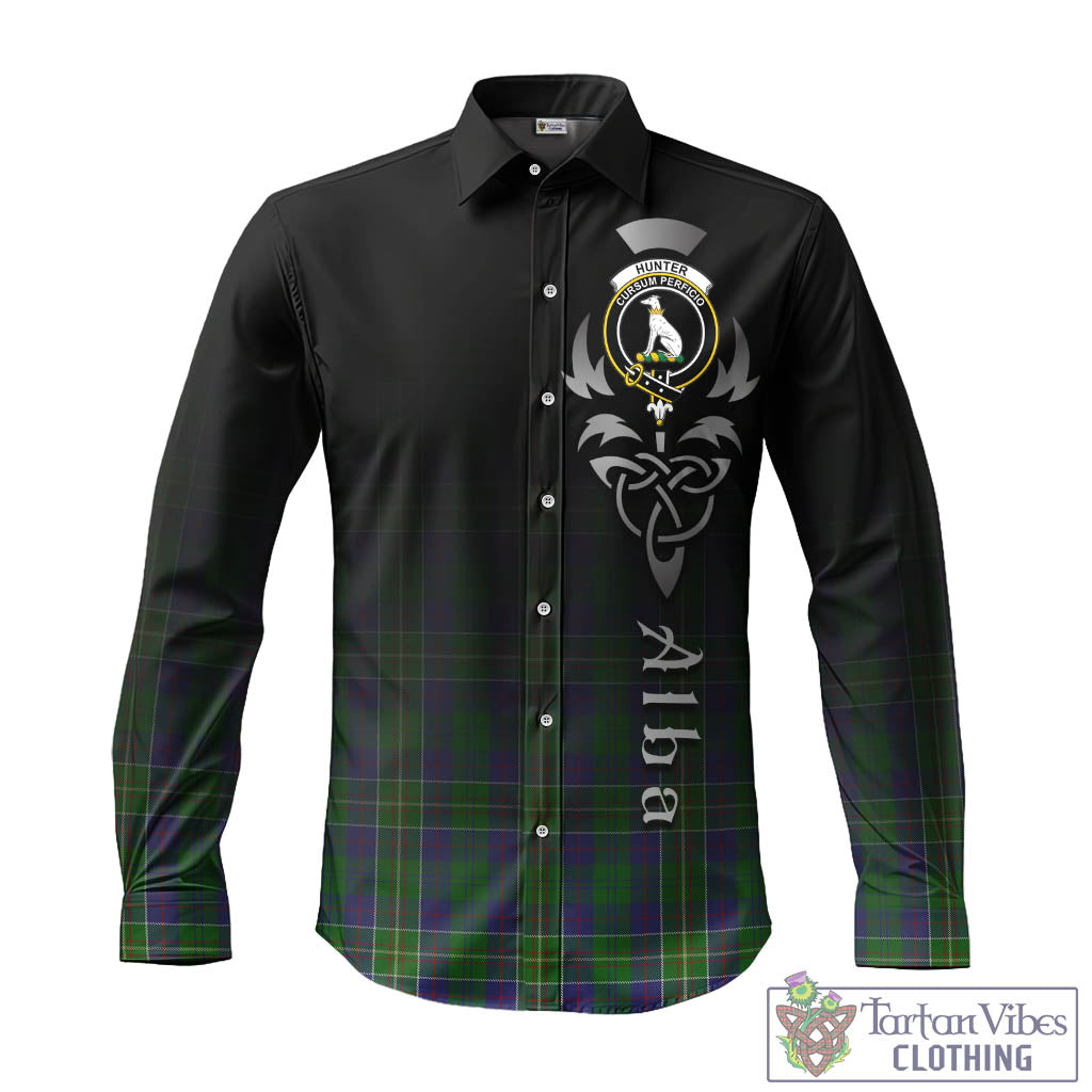 Tartan Vibes Clothing Hunter of Hunterston Tartan Long Sleeve Button Up Featuring Alba Gu Brath Family Crest Celtic Inspired