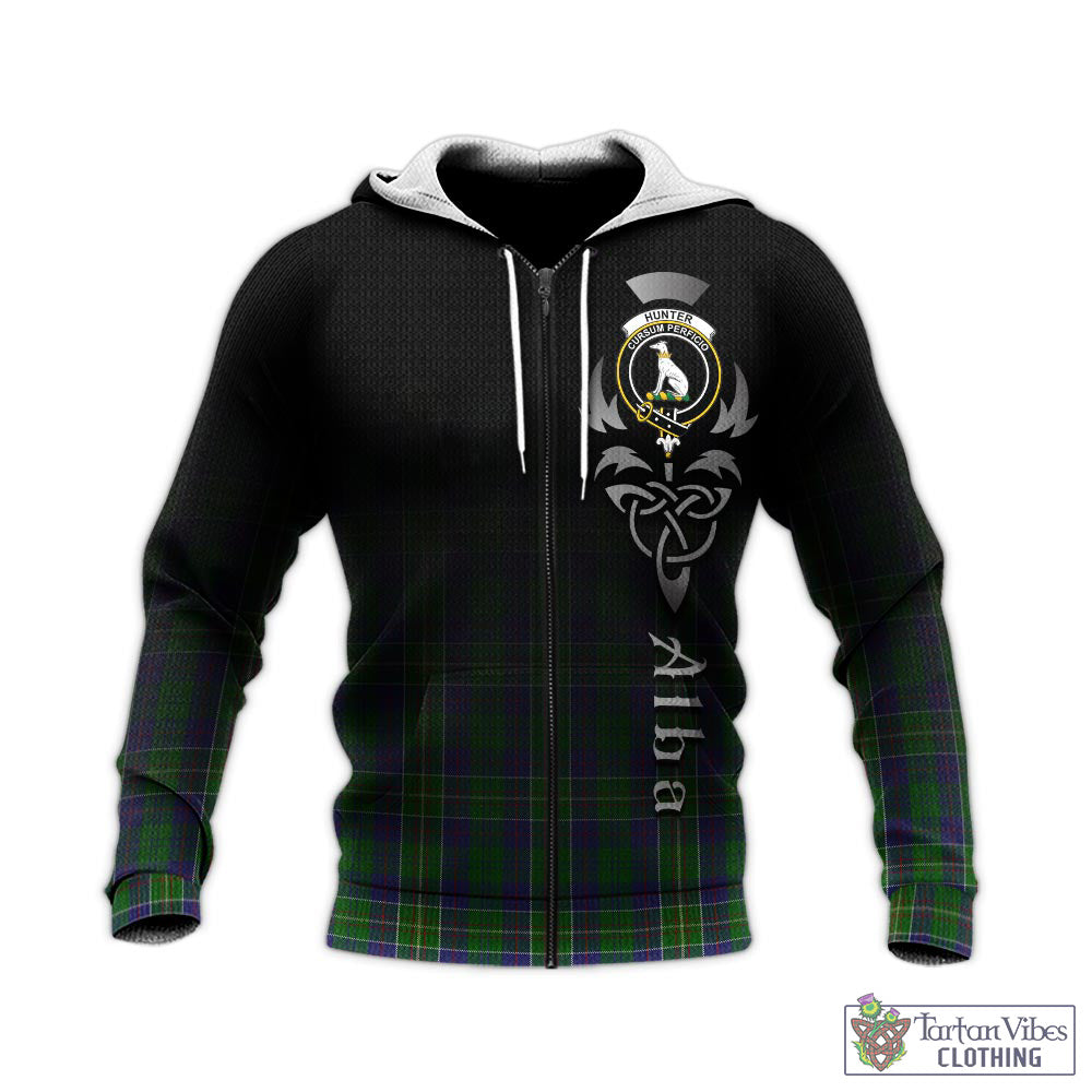 Tartan Vibes Clothing Hunter of Hunterston Tartan Knitted Hoodie Featuring Alba Gu Brath Family Crest Celtic Inspired