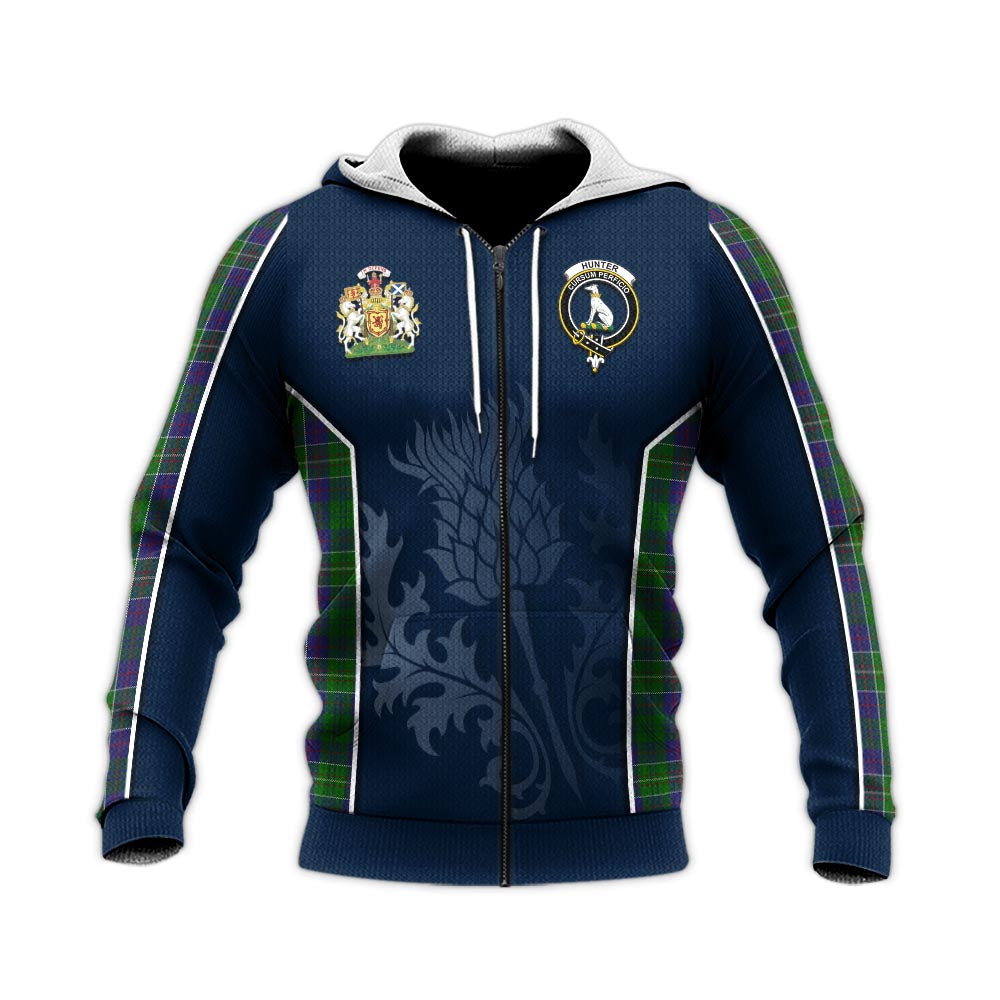 Tartan Vibes Clothing Hunter of Hunterston Tartan Knitted Hoodie with Family Crest and Scottish Thistle Vibes Sport Style