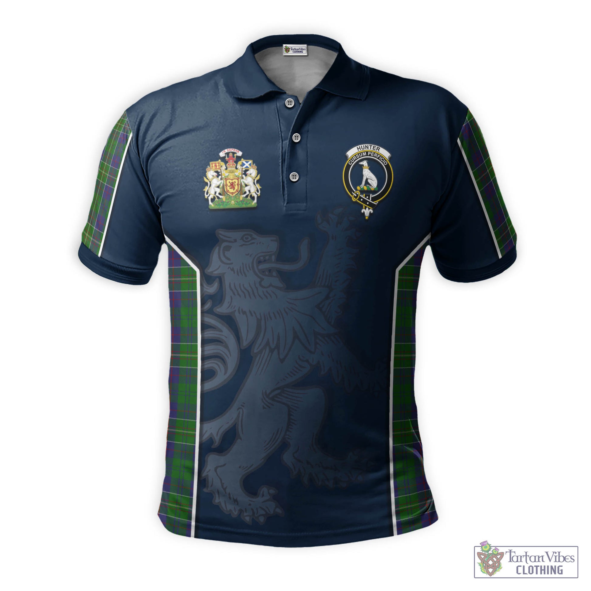 Tartan Vibes Clothing Hunter of Hunterston Tartan Men's Polo Shirt with Family Crest and Lion Rampant Vibes Sport Style