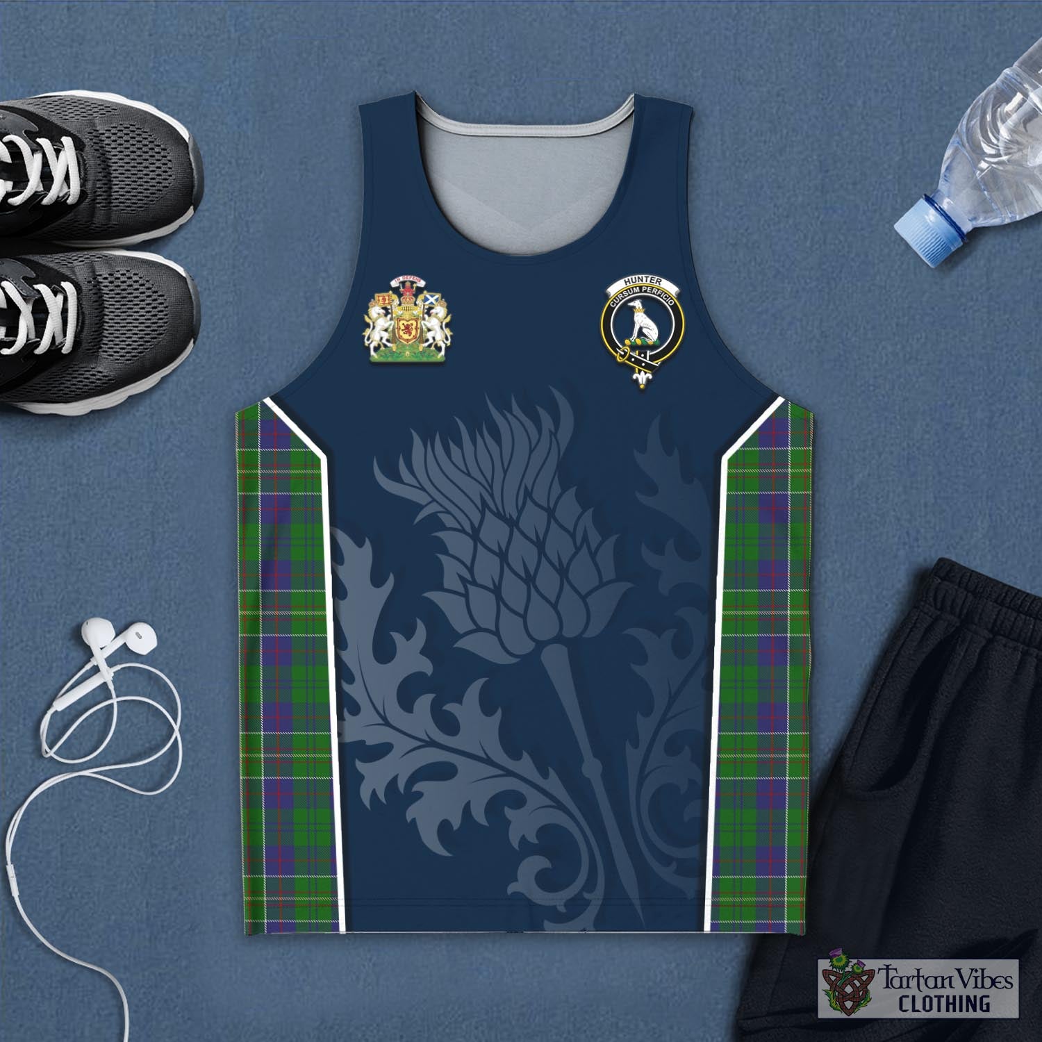 Tartan Vibes Clothing Hunter of Hunterston Tartan Men's Tanks Top with Family Crest and Scottish Thistle Vibes Sport Style
