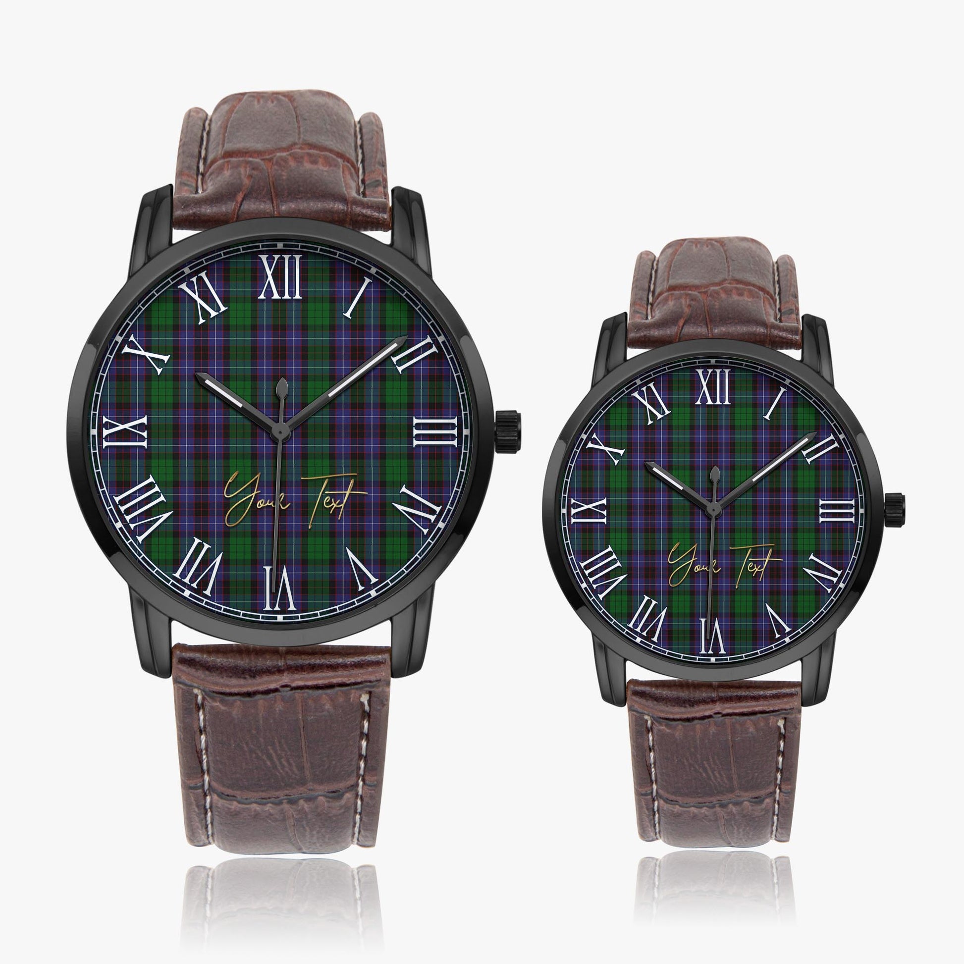 Hunter of Peebleshire Tartan Personalized Your Text Leather Trap Quartz Watch Wide Type Black Case With Brown Leather Strap - Tartanvibesclothing