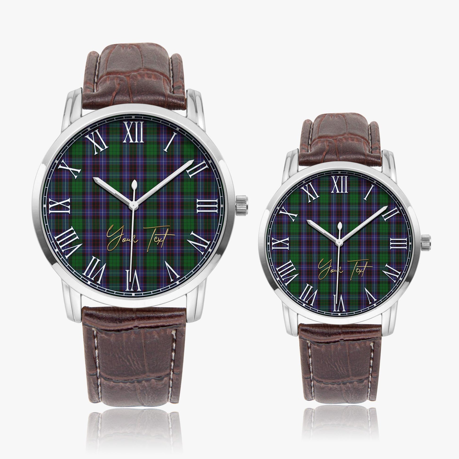 Hunter of Peebleshire Tartan Personalized Your Text Leather Trap Quartz Watch Wide Type Silver Case With Brown Leather Strap - Tartanvibesclothing