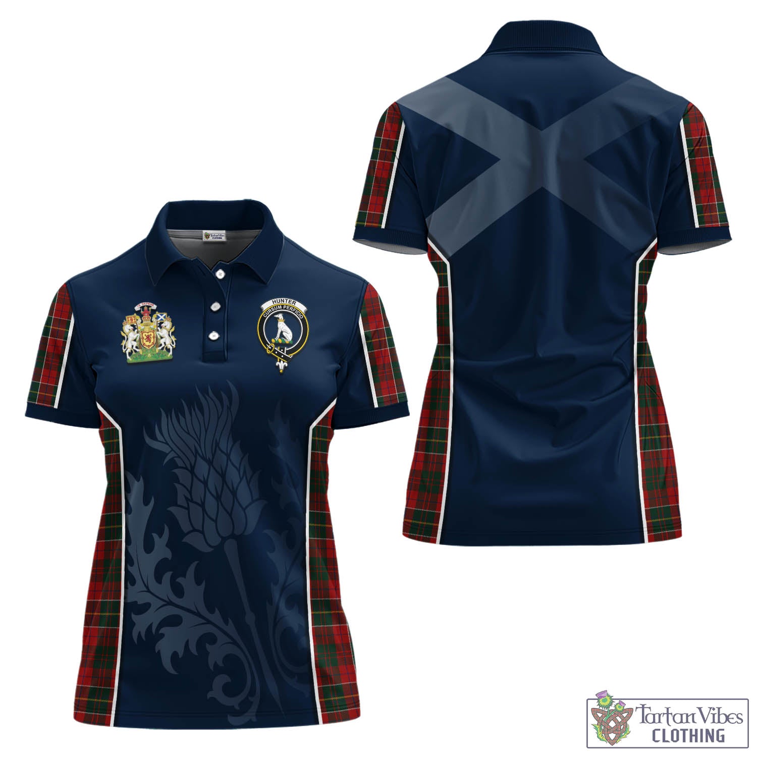 Tartan Vibes Clothing Hunter USA Tartan Women's Polo Shirt with Family Crest and Scottish Thistle Vibes Sport Style