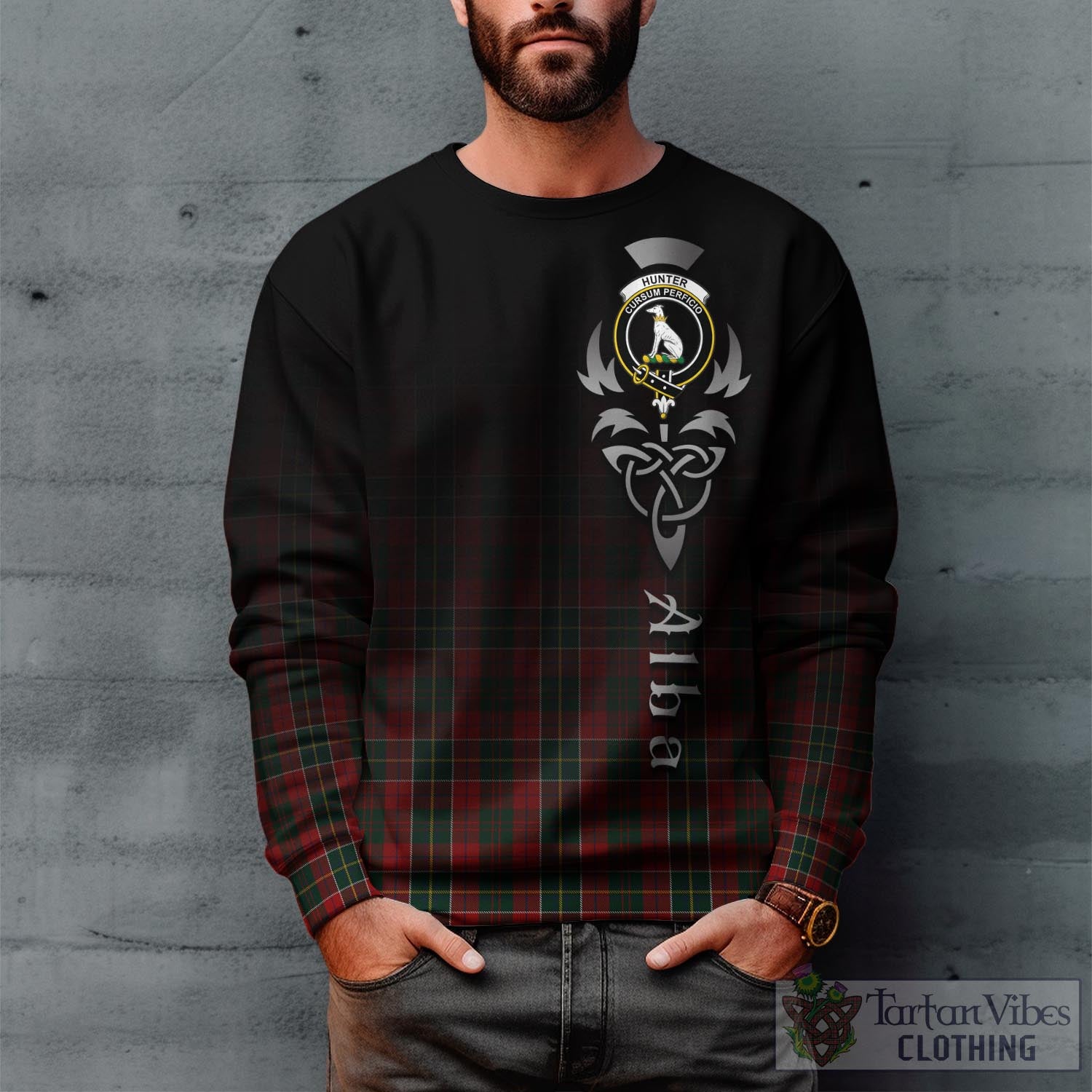 Tartan Vibes Clothing Hunter USA Tartan Sweatshirt Featuring Alba Gu Brath Family Crest Celtic Inspired