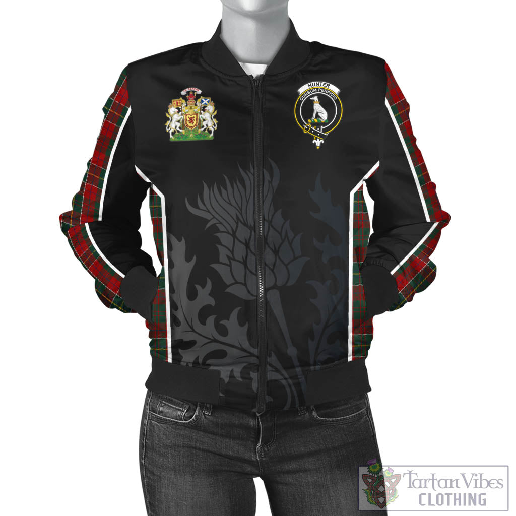 Tartan Vibes Clothing Hunter USA Tartan Bomber Jacket with Family Crest and Scottish Thistle Vibes Sport Style