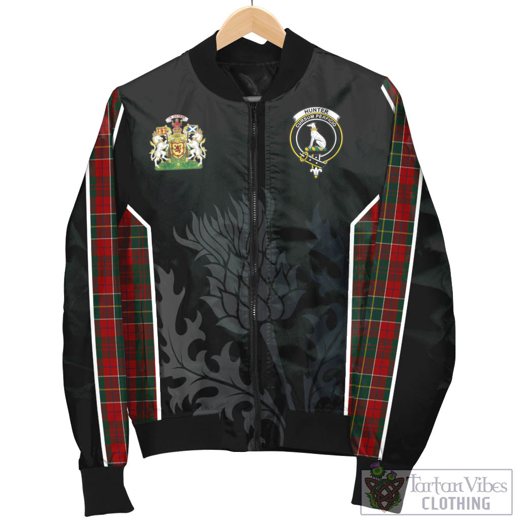 Tartan Vibes Clothing Hunter USA Tartan Bomber Jacket with Family Crest and Scottish Thistle Vibes Sport Style