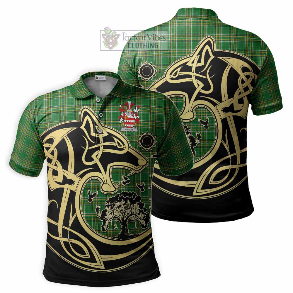 Hussey Irish Tartan Polo Shirt with Coat of Arms Celtic Wolf Style - Tartan Vibes Clothing