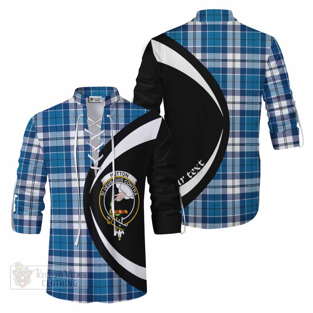 Hutton Tartan Ghillie Kilt Shirt with Family Crest Circle Style Men - Tartan Vibes Clothing