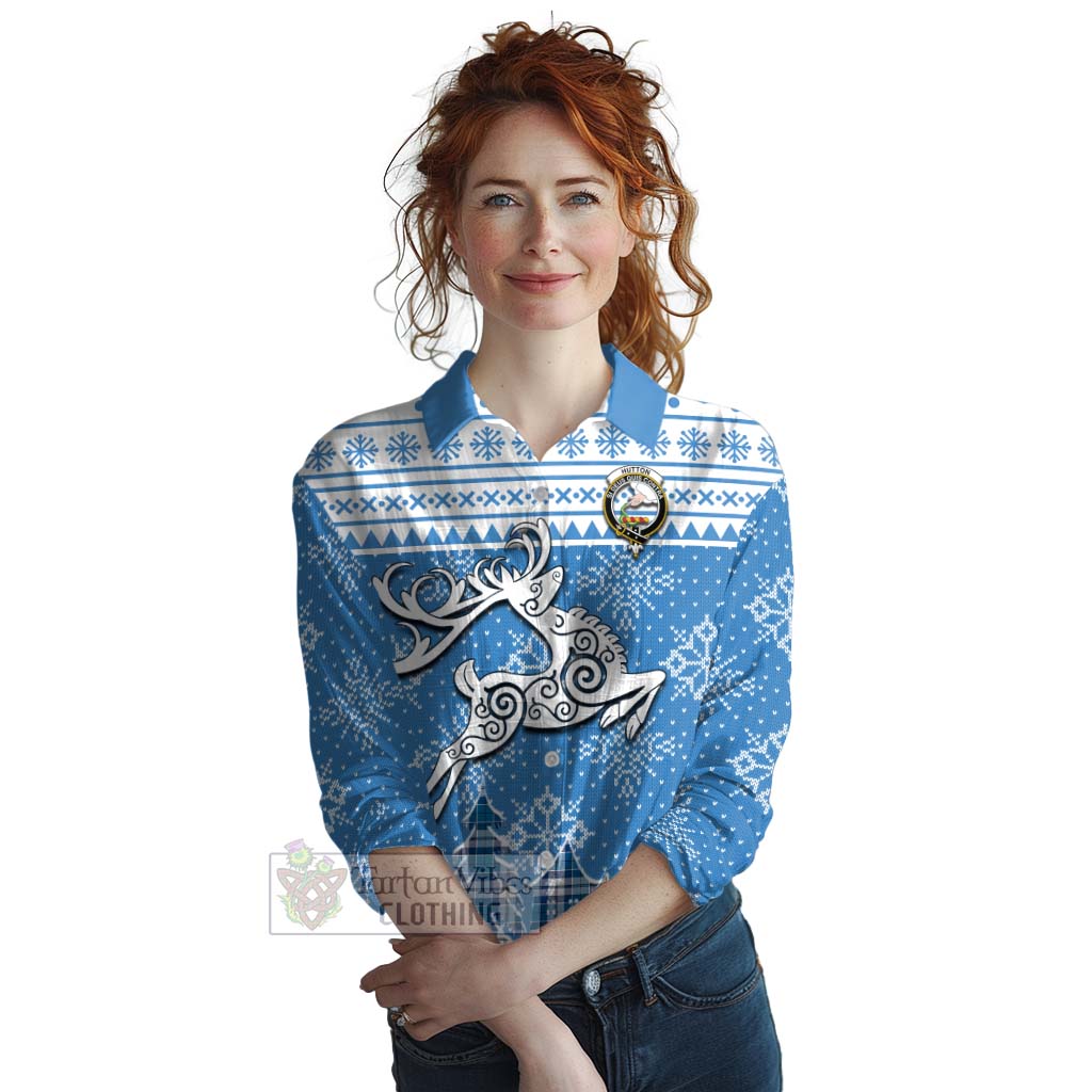 Hutton Clan Christmas Women's Casual Shirt Celtic Reindeer Style Female - Tartan Vibes Clothing