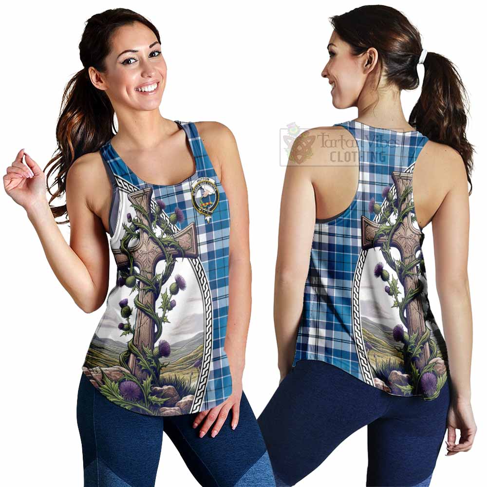 Hutton Tartan Women's Racerback Tanks with Family Crest and St. Andrew's Cross Accented by Thistle Vines 4XL - Tartan Vibes Clothing