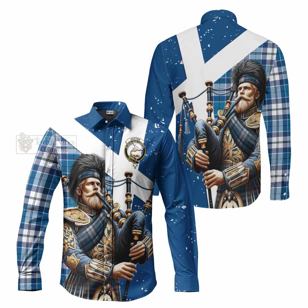 Hutton Tartan Long Sleeve Button Shirt with Family Crest Scottish Bagpiper Vibes Men's Shirt - Tartan Vibes Clothing
